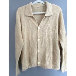 MANLY Men Size M Tan Soft Knit Button Cardigan Polo Collar Cotton Linen Blend